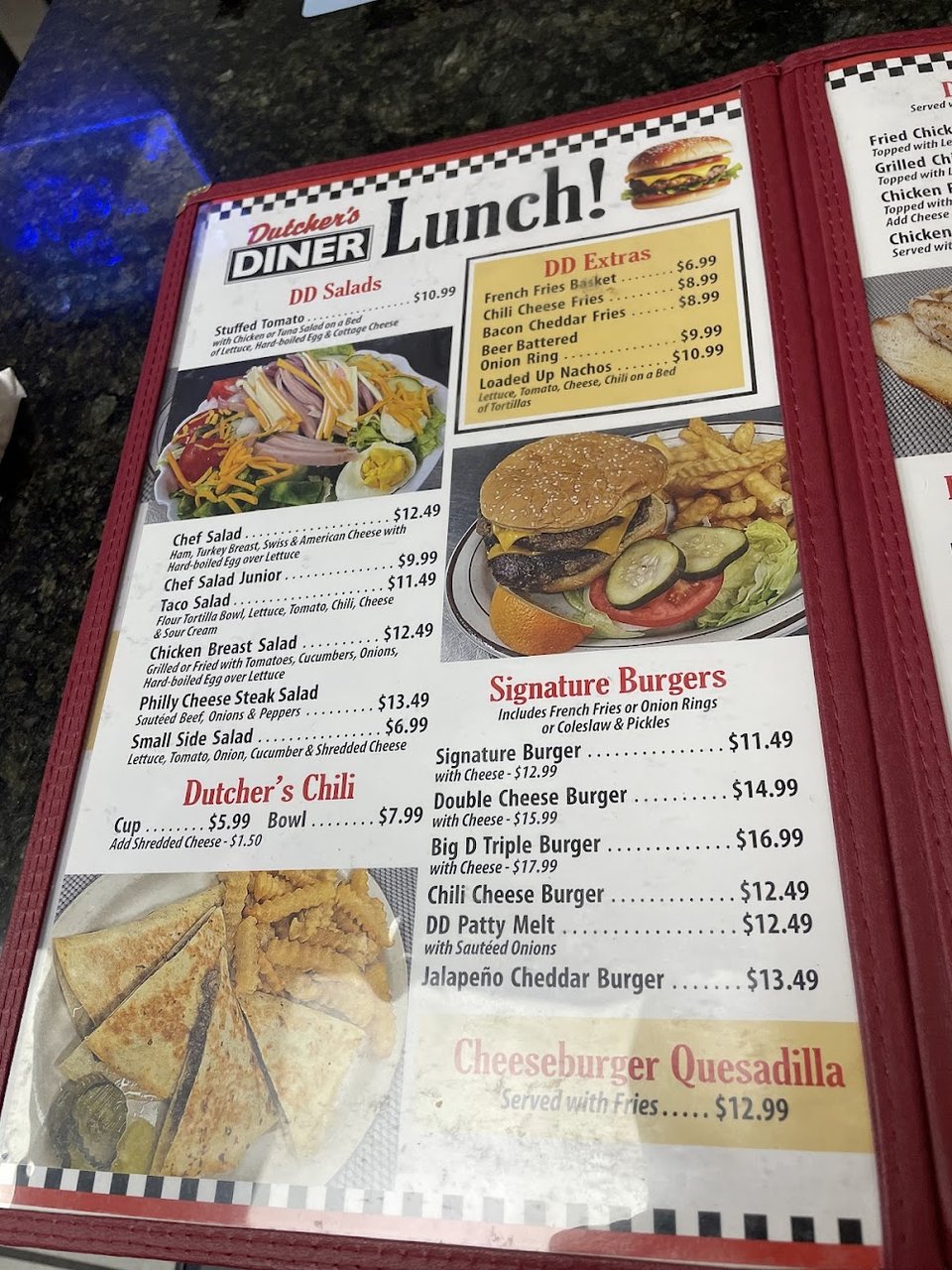 Burger and sandwich menu page.